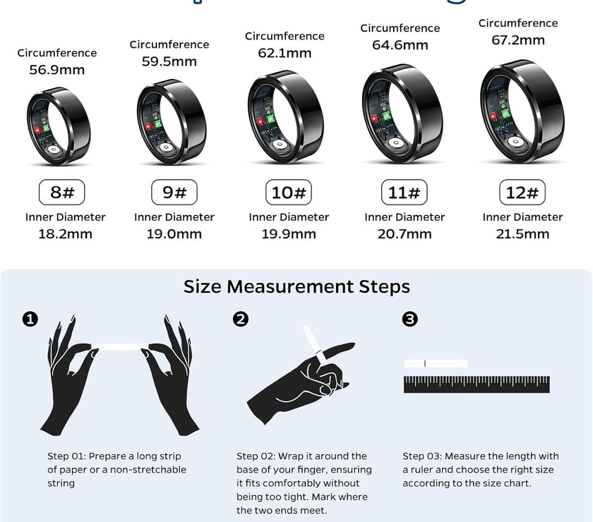 Smart Ring Health Tracker, Sleep Tracker Ring with Heart Rate, Waterproof Fitness Ring for Activity Monitoring/Steps/Distance/Calories, Air Gestures, up to 7-Day Battery, for Ios Android (Black,#10)