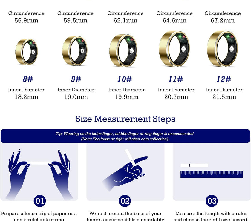 Smart Ring Health Tracker, Sleep Tracker Ring with Heart Rate, Waterproof Fitness Ring for Activity Monitoring/Steps/Distance/Calories,Air Gestures,Up to 7-Day Battery,For Ios Android (Light Gold,#12)